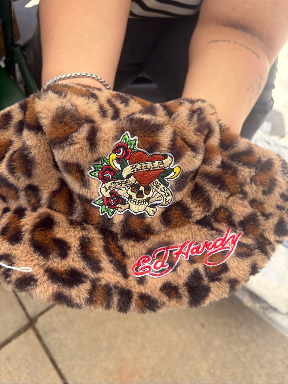 Ed Hardy Leopard Print Faux Fur Kids Crossbody Bag with Embroidered Logo